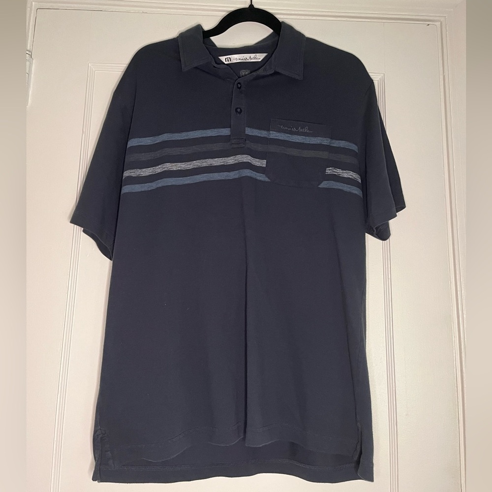 Travis Mathew Navy Polo with Light Blue and Gray Stripes Men’s Large